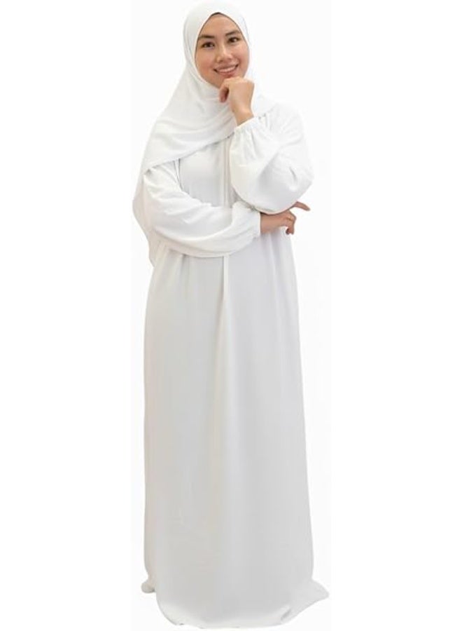 Kanfab Prayer Dress for Women One-Piece | Islamic Modest Full Prayer Outfit with Long Sleeves & Attached Scarf | Soft Cotton Jilbab Abaya | Namaz, Salah, Umrah & Hajj Wear | Plain White - Image 1